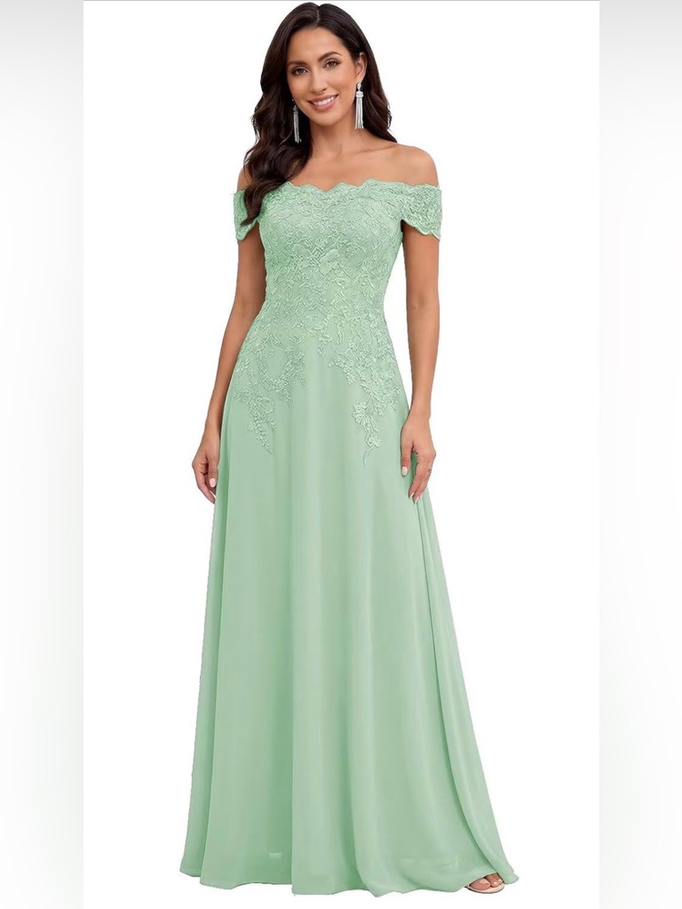 Chiffon Off-Shoulder Lace Embellished Bodice Evening Gown In Mint Sz 14